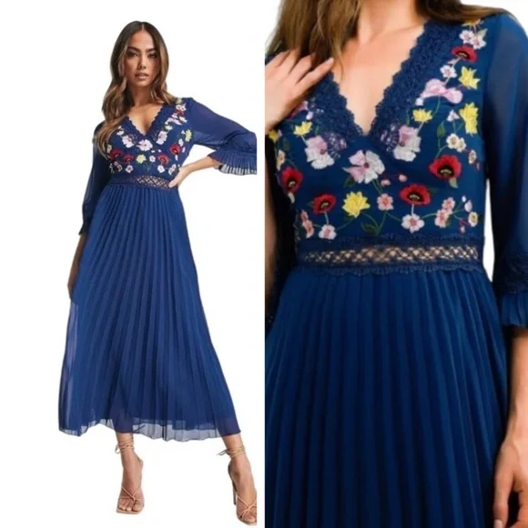 NWT ASOS DESIGN Lace Insert Pleated Midi Dress With Floral Embroidery - Size 6 - Picture 1 of 15